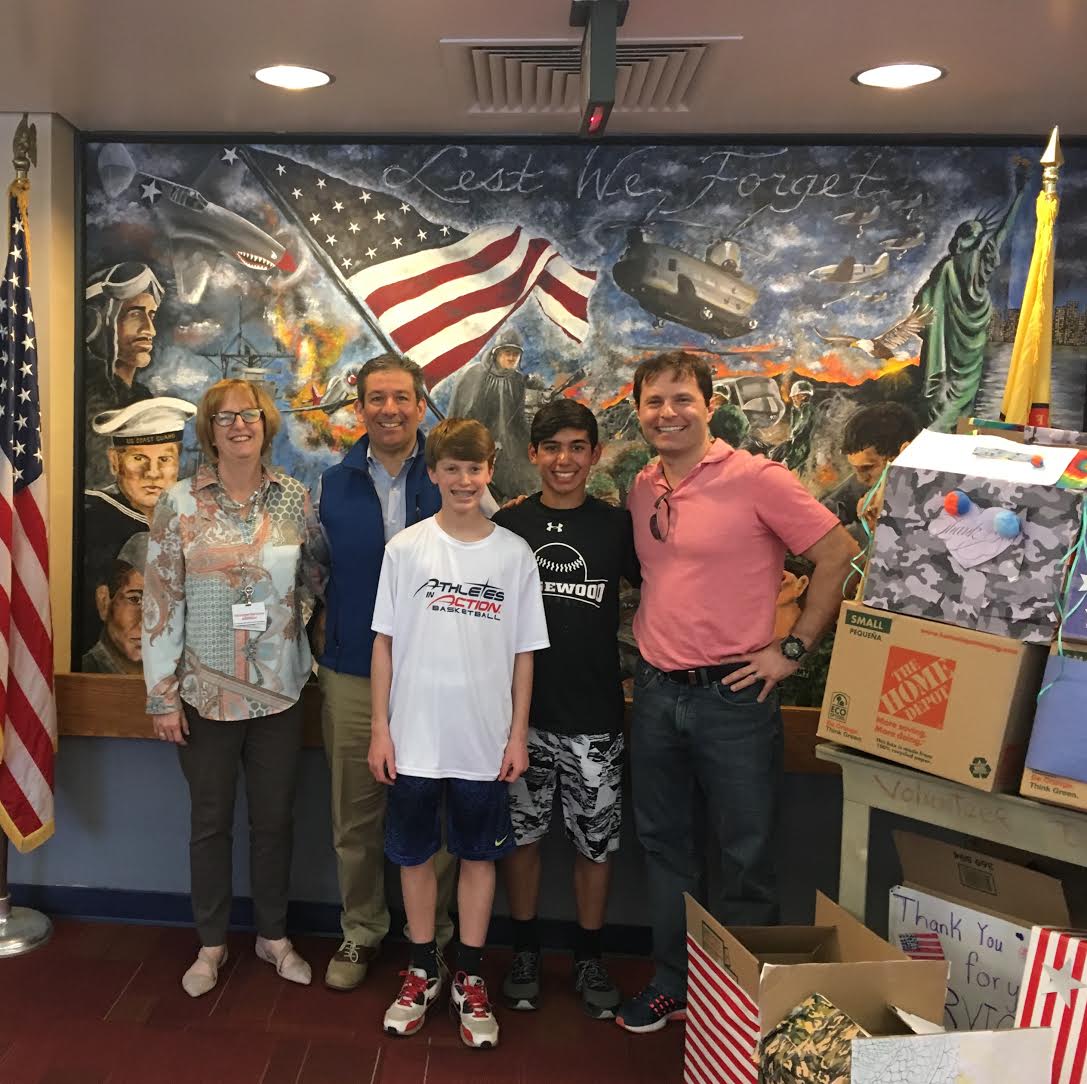 Pictured from left to right
Susan Moran - Director of Volunteer Services (Paramus Veterans Home)
Dave Tashian - BFMS Student Council Co-Advisor
Hayden Blair - BFMS Student Council Secretary
Jake Kleiman - BFMS Student Council President
Jason Ordini - BFMS Student Council Co-Advisor